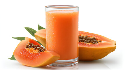 Refreshing papaya juice in a glass with sliced papaya and leaves, perfect for a healthy and tropical treat.