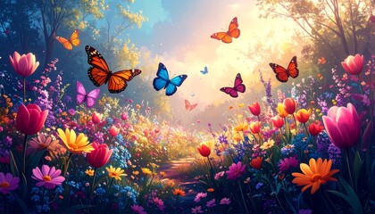 A vibrant floral path through a sunlit forest