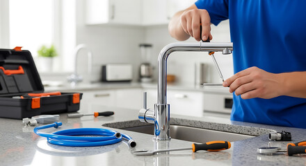 Focused image of a handyman expertly repairing a kitchen faucet in a well-lit modern kitchen