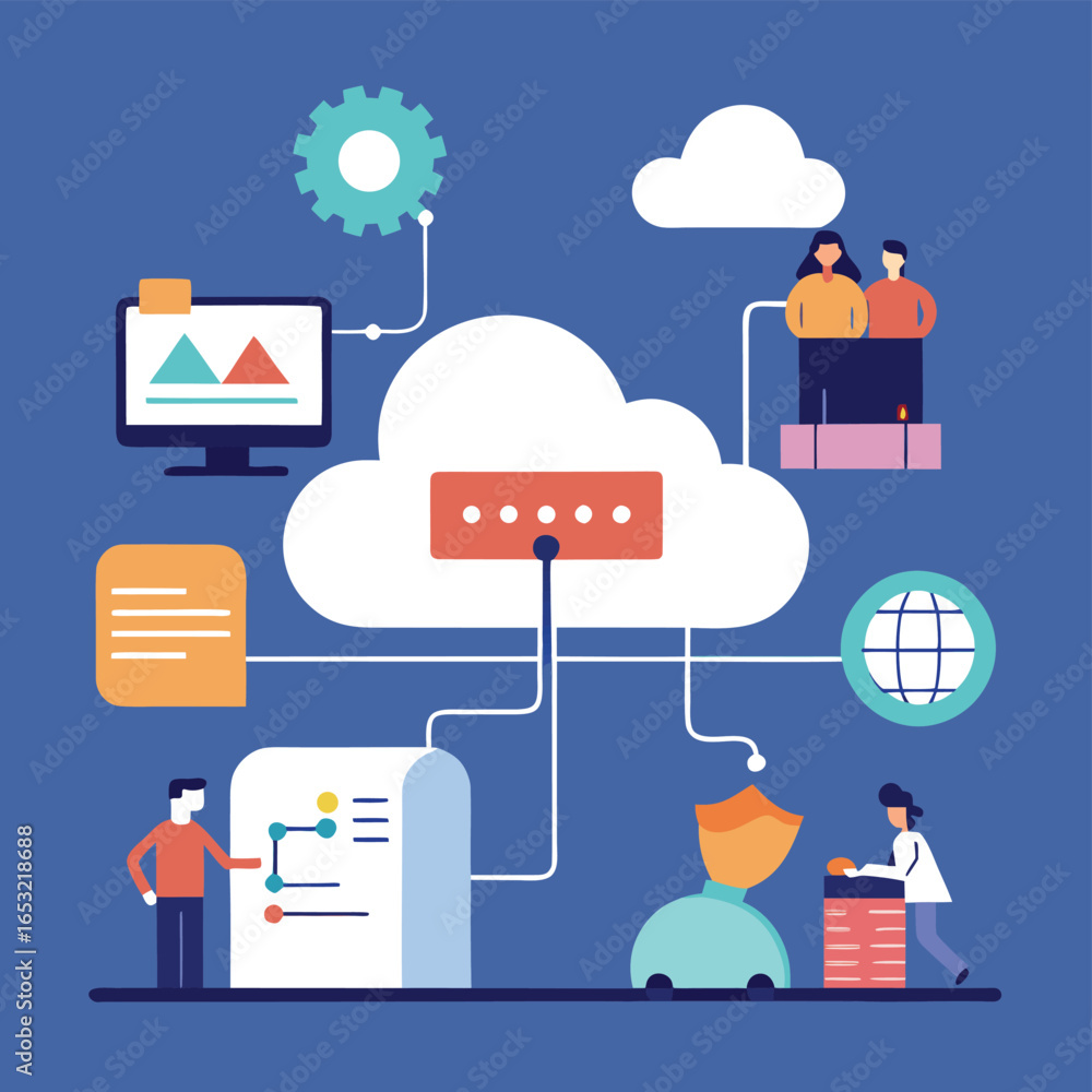 Poster vector art of cloud computing network diagram illustrating data flow, storage, and security with peo