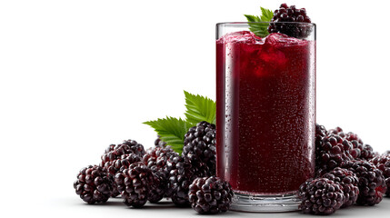 Refreshing blackberry beverage with ice and fresh fruit garnish, a delightful drink on a bright white background.