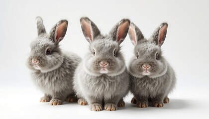 Three fluffy gray bunnies sit close together on a white background, looking directly at the viewer with adorable expressions