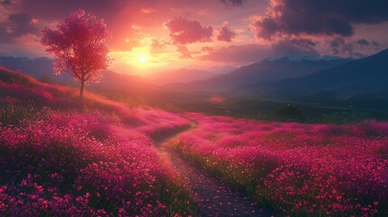 A flower landscape wallpaper featuring a winding path through a field of vibrant pink flowers, with a single tree and a sunset over mountains.