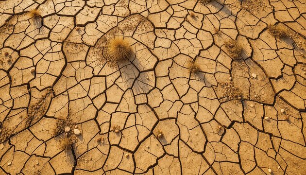 Dry Land Texture Featuring Cracked Earth with Sparse Vegetation in a Barren and Arid Environment