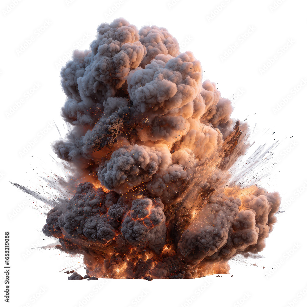 Poster explosive cloud of smoke and debris rises dramatically from a detonation in a controlled environment