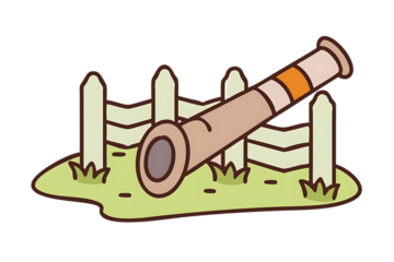Cartoonish cannon resting against a white fence