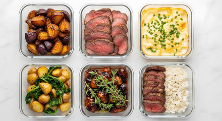 Meal prep concept showcasing nutritious balanced lunches in glass containers for healthy eating