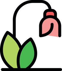 Simple yet elegant illustration of a pink bellflower drooping gracefully, complemented by two vibrant green leaves