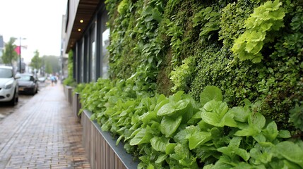 A lush, green, and leafy urban living wall with a variety of plants and greenery, including lettuce, growing on a building facade, creating a vibrant and healthy environment.