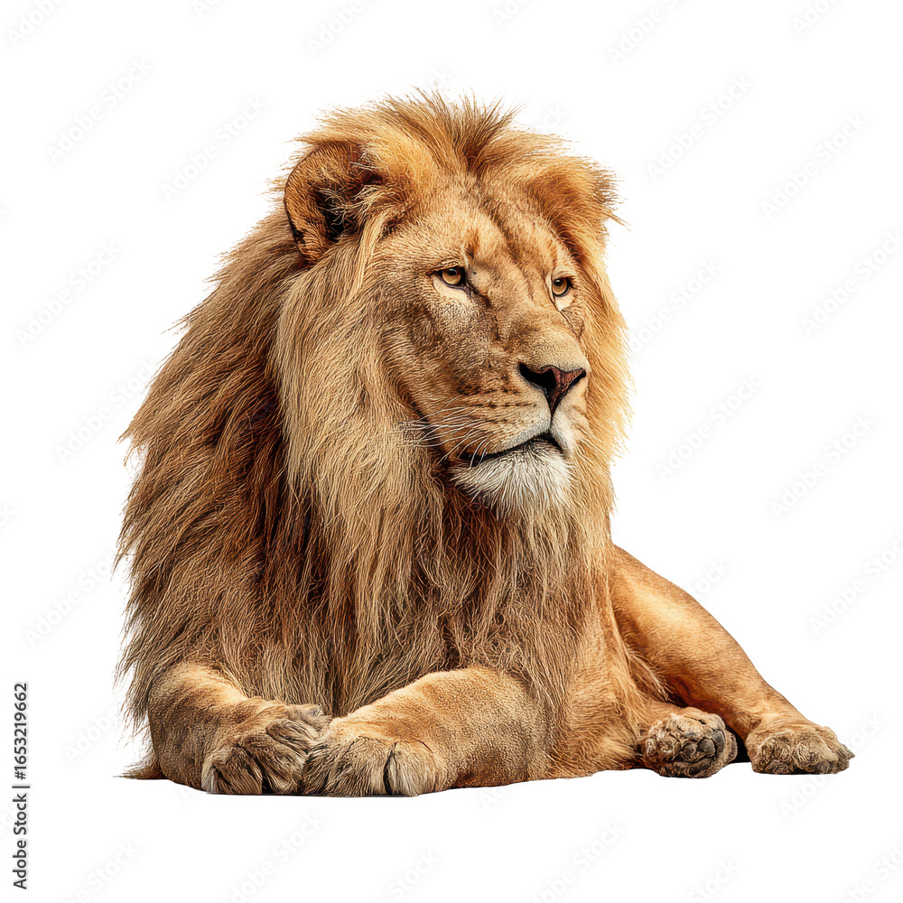Poster majestic lion resting calmly in a studio setting illuminated by soft lighting