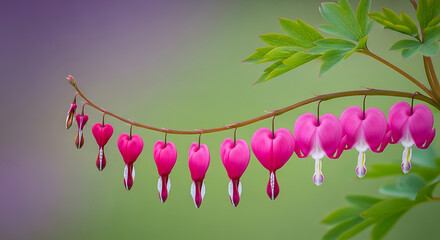 Delicate pink bleeding hearts cascade on branch, symbolizing love and nature's beauty.