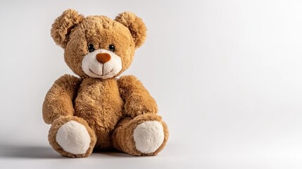 Obraz premium Plush brown teddy bear with heart-shaped nose sitting against a white background