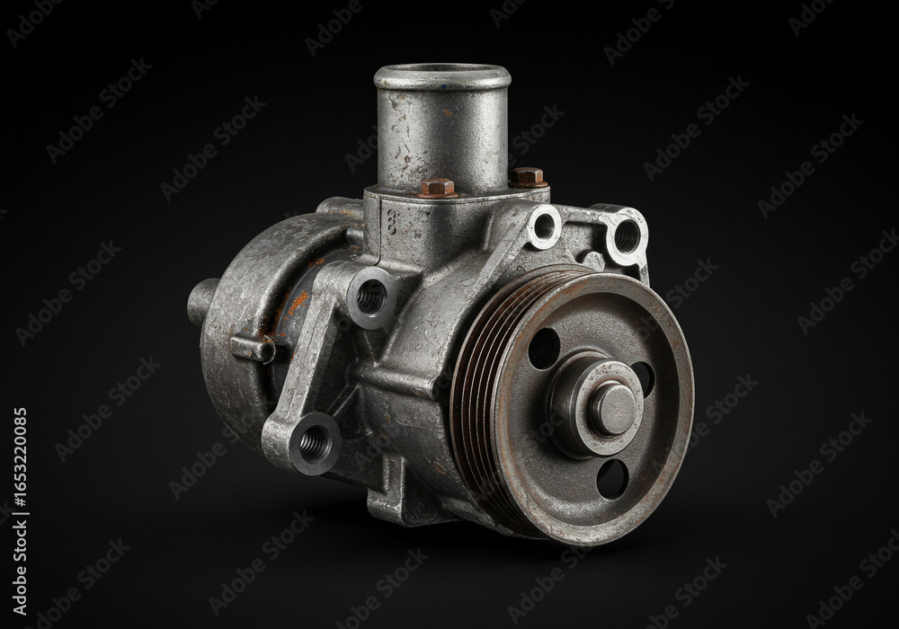 Poster Close up shot of a metallic car engine part with a pulley system on a dark background view