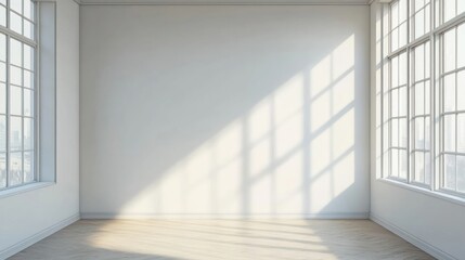 Obraz premium Minimalist bedroom interior with an empty wall for mockup template in bright daylight.