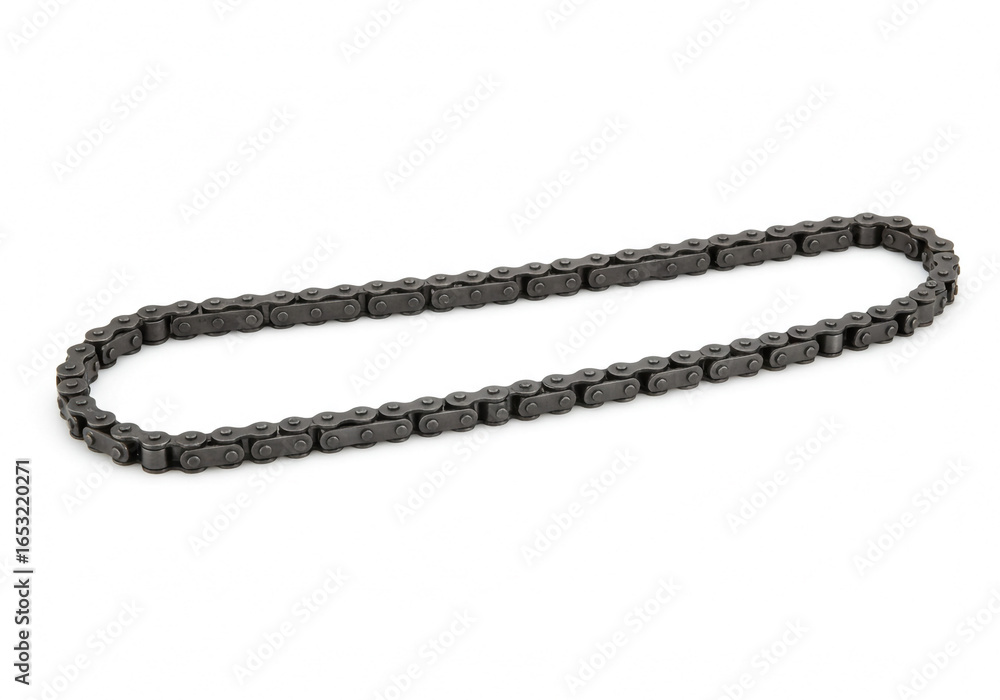 Poster a single strand of dark metal chain arranged in a loop on a clean white background surface