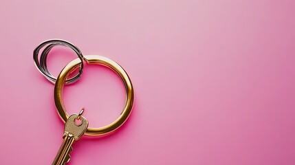 Golden Key with Silver and Gold Rings on a Pink Background, Top View