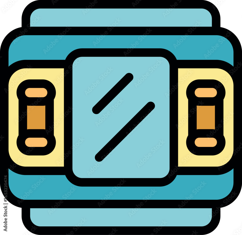 Poster futuristic device featuring two reels and a central display showing diagonal lines, evoking advanced