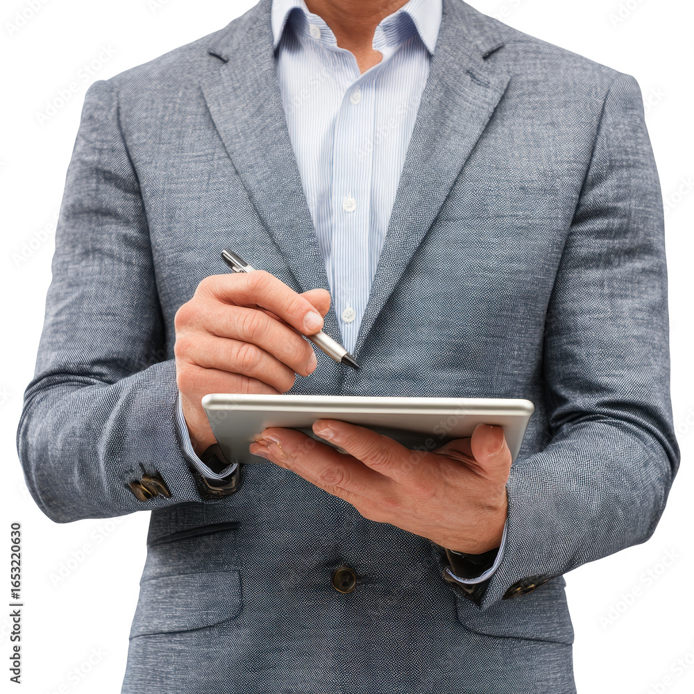 Poster professional man using a tablet to take notes in a formal setting during a business meeting
