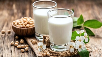 Rustic Soy Milk Still Life with White Blossoms and Wooden Bowl