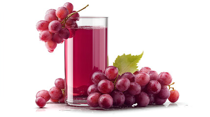 Fototapeta premium Fresh red grape juice in a glass with a bunch of grapes isolated on a white background, perfect for drinks.