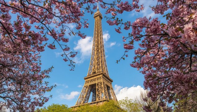 Eiffel tower framed by cherry blossoms against a blue sky with scattered clouds in paris france