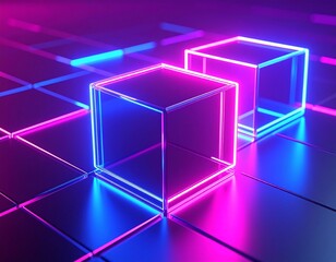 Obraz premium Neon cubes on a metallic surface