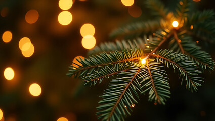 Close-up of a Christmas tree branch with warm lights.