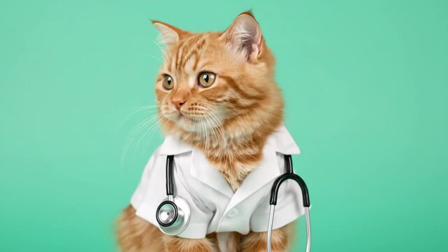 Cute Ginger Cat Doctor - An adorable ginger cat sits against a mint green background, wearing a miniature white doctor's coat and stethoscope.