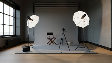 Professional Photo Studio Setup with Softbox Lighting and Director's Chair for Portrait Photography Sessions