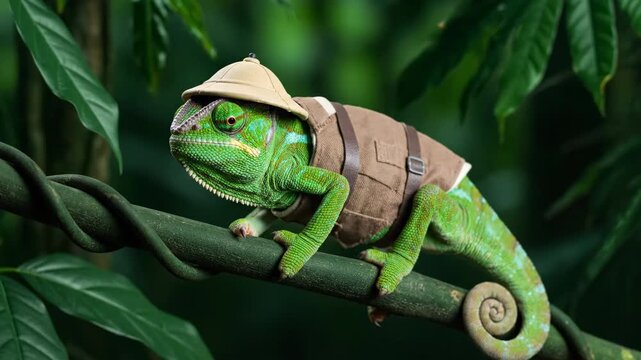 Chameleon Explorer in Jungle - A vibrant green chameleon, dressed in a brown explorer's outfit and pith helmet, perches on a vine in a lush green jungle environment.