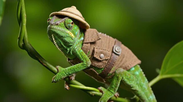 Chameleon Explorer in Jungle - A green chameleon, dressed in a brown explorer's outfit complete with a pith helmet, perches on a vine against a lush green jungle backdrop.