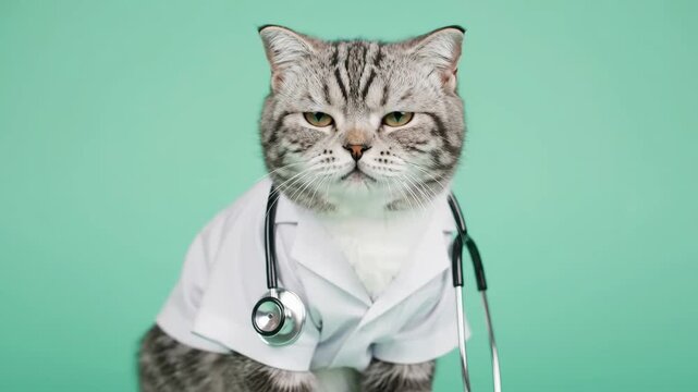 Cute Cat Doctor - A grey tabby cat wearing a white doctor's coat and stethoscope sits against a mint green background. The cat appears happy and is looking directly at the camera.