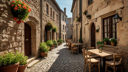 Obraz premium Alleyway in a rustic European village, lined with stone buildings.