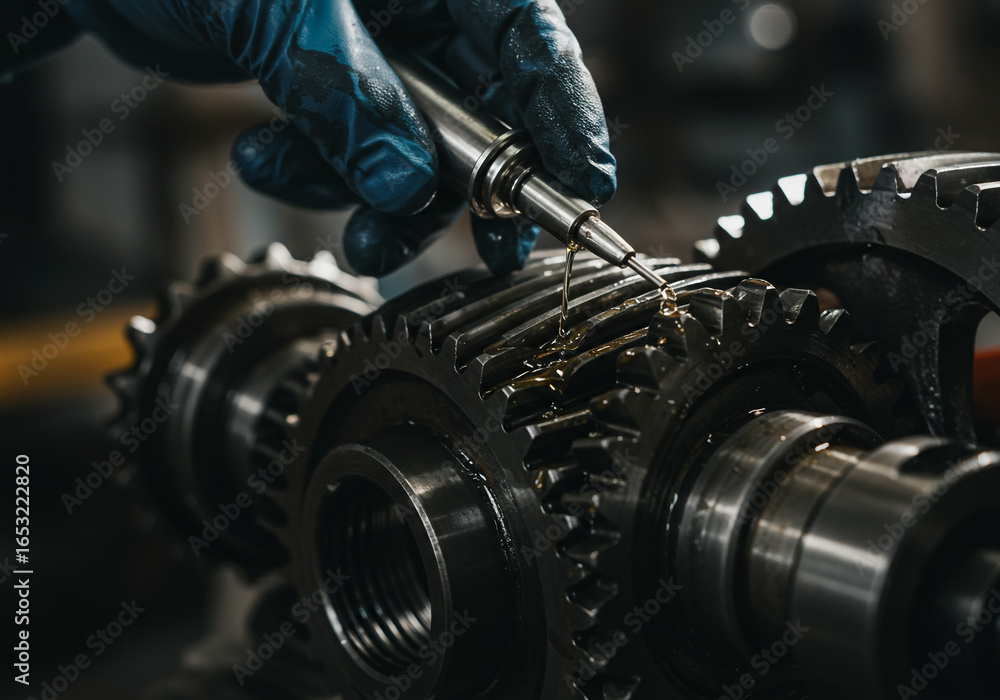 Poster gloved hand applying lubricant to gears with a precision oiler in a mechanical setting