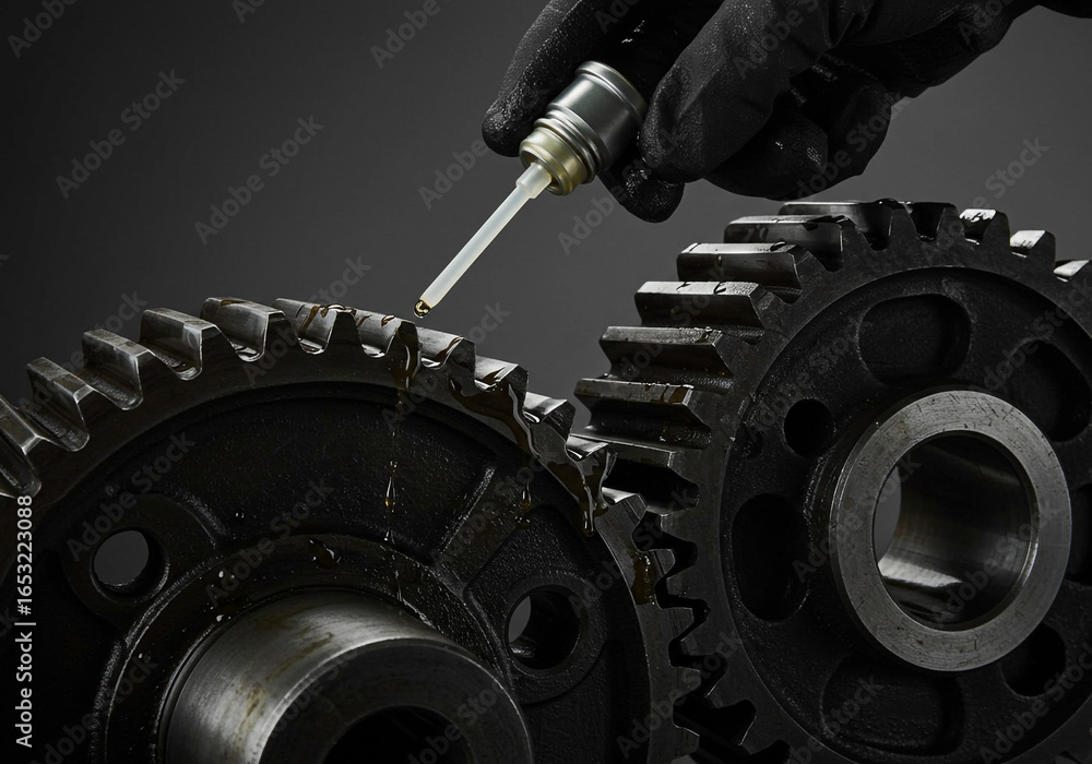 Poster applying lubricant to interlocking gears with gloved hand against a dark background scene