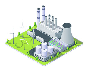 Cartoon Color Combined Energy Sources Power Plant Object Industrial Energy Building Concept 3d Isometric View. Vector illustration