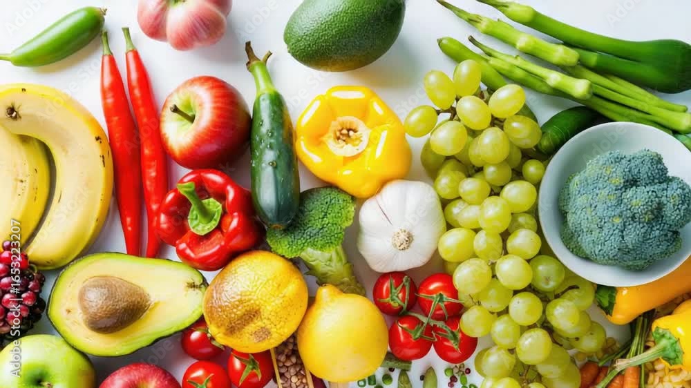 Poster a colorful array of fresh fruits and vegetables arranged on a table, perfect for displaying at marke