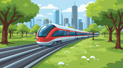 Modern train speeding through a green urban park with city skyscrapers in the background. Bright vector illustration in sleek futuristic style.