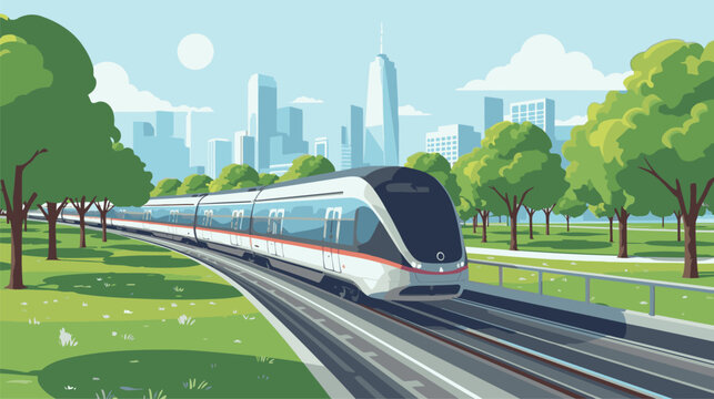 Modern train speeding through a green urban park with city skyscrapers in the background. Bright vector illustration in sleek futuristic style.