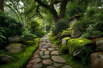Serene Garden Pathway Surrounded by Lush Greenery and Stones