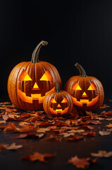 Halloween Pumpkins Family with Glowing Jack-o&rsquo;-Lantern Faces and Autumn Leaves on Dark Background