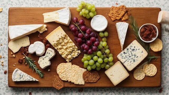Gourmet Cheese Board Video: Assorted Cheeses, Grapes, Crackers, and Accompaniments on Wooden Platter