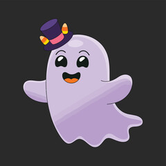 Fototapeta premium Adorable purple ghost wearing a top hat with candy corn on a purple background halloween spooky