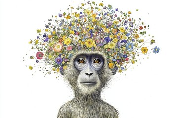 A Majestic Monkey Crowned with Vibrant Flowers