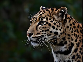 Naklejka premium Javan Leopard Close-Up – Intense Gaze & Rosette Fur Detail in Blurred Green Forest Background