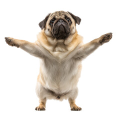Obraz premium Pug with outstretched arms posing playfully against a white background