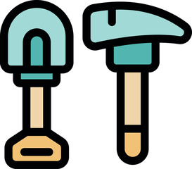 Colorful shovel and hammer on white background, ideal for representing gardening, construction and diy activities