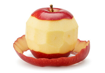 A partially peeled red apple with the peel forming a ring around the base on white background