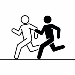 Two stick figures running side by side in opposite colors on a white background