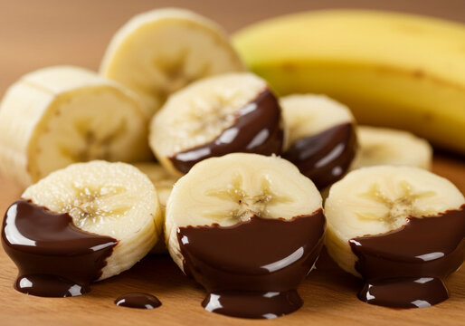 Close up of sliced bananas with chocolate dip and a whole banana in the background view